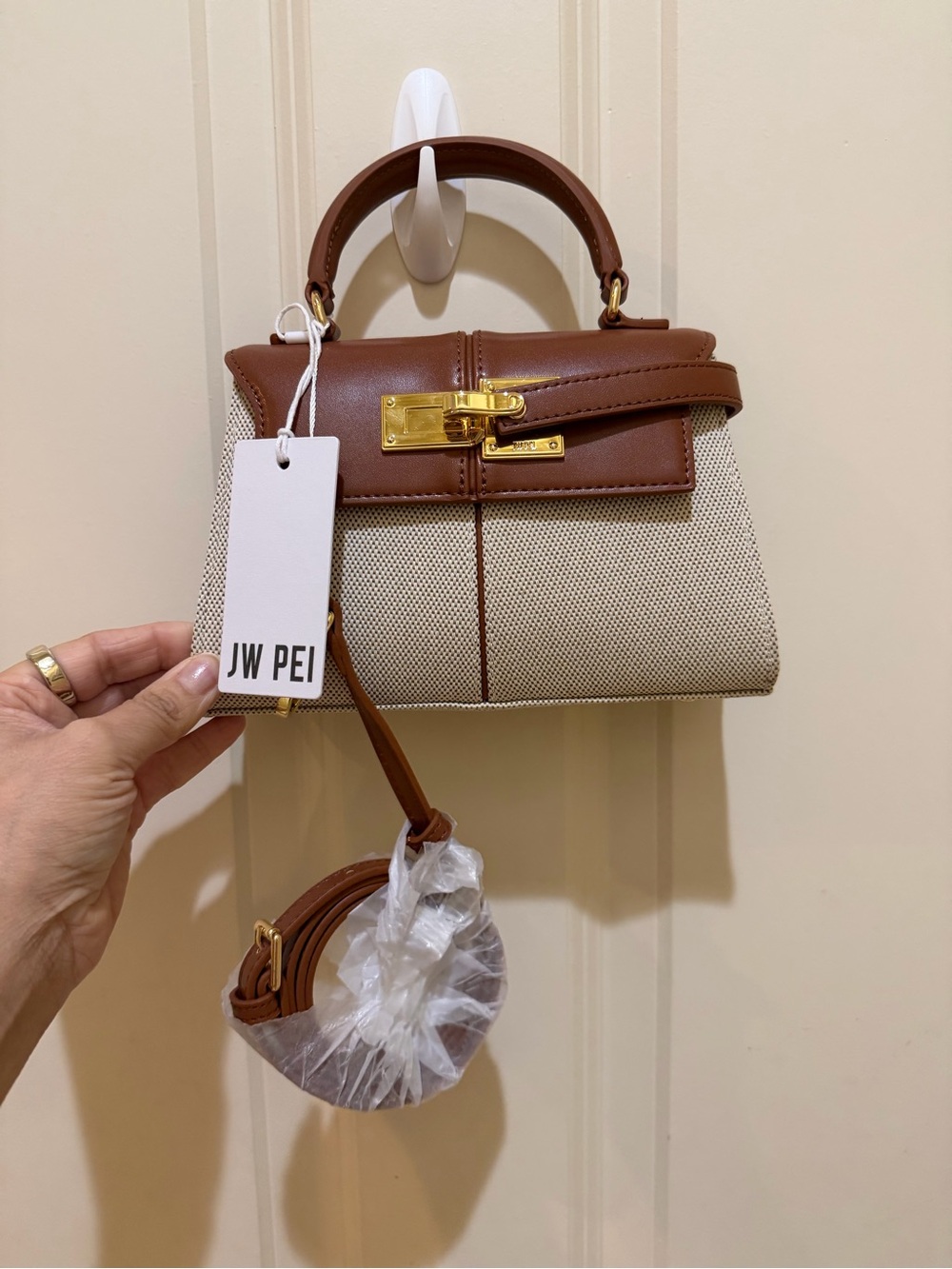 JW PEI Brown & Cream Structured Top-Handle Satchel